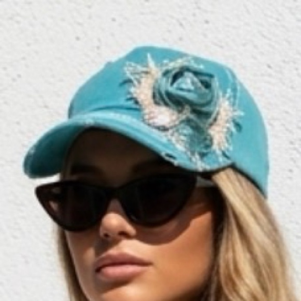 Blueberry Kate ORIGINAL Aqua SILK HANDMADE Flower Embellished Baseball Cap